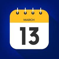 marzo giorno 13. numero tredici su un' bianca carta con giallo colore confine su un' blu sfondo vettore. vettore