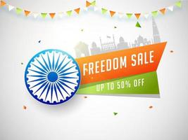 moderno strisce per testo la libertà vendita su bianca sfondo con Ashoka ruota. vendita design manifesto o bandiera per indipendenza giorno celebrazione. vettore