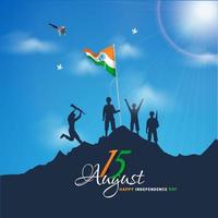 indiano esercito soldato fare bandiera sollevamento su superiore di montagna per festeggiare 15 agosto contento indipendenza giorno. vettore