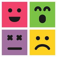 impostato di quattro colorato emoticon con sorridente, sorpreso e insoddisfatto facce. emoji icona nel quadrato. piatto sfondo modello. vettore illustrazione