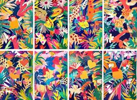 colorato safari giungla con tropicale foglie, animali, uccelli e esotico fiori. vettore illustrazione.