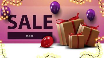 vendita, banner sconto rosa per sito Web con scatole regalo e palloncini vettore
