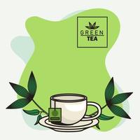 poster di lettere di tè verde con tazza da tè e foglie vettore