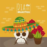 dia de los muertos poster con teschio mariachi e fiori vettore