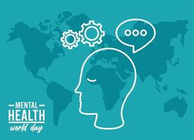 campagna della giornata mondiale della salute mentale con profilo della testa e mappe terrestri vettore