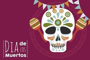 poster dia de los muertos con testa di teschio e maracas vettore