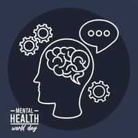 campagna della giornata mondiale della salute mentale con profilo del cervello e stile della linea di ingranaggi vettore