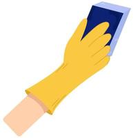 mano nel giallo guanti detiene spugna.protettiva gomma da cancellare guanti. igienico casa vettore. vettore