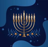 felice celebrazione di hanukkah con candelabro e foglie vettore