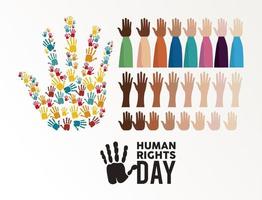 poster della giornata dei diritti umani con mani in alto e impronte di mani vettore