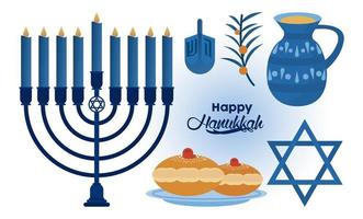 felice celebrazione di hanukkah con candelabro e icone vettore