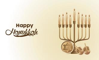 felice festa di hanukkah con candelabro dorato e dreidels vettore
