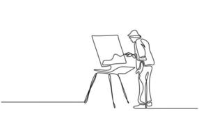un disegno a tratteggio dell'artista pittore. un uomo in piedi che dipinge un'opera d'arte su tela. minimalismo disegnato a mano continuo. vettore