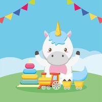 carta di baby shower con unicorno carino vettore