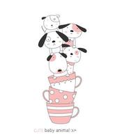 Cartoon simpatici cuccioli di cani in tazze da tè. stile disegnato a mano. vettore