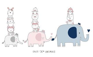 cartone animato carino elefanti e bambini. stile disegnato a mano. vettore