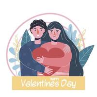 San Valentino giorno. un' amorevole giovane coppia. essi abbraccio ogni Altro. cuore. celebrazione di dichiarazione di amore. persone nel moderno piatto stile. mano disegno. vettore