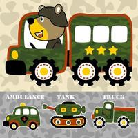 vettore cartone animato di orso guidare militare camion con blindato veicoli