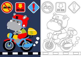 vettore cartone animato di ippopotamo equitazione motociclo con traffico segni, colorazione libro o pagina
