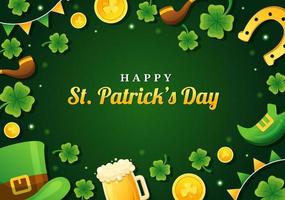 contento st patricks giorno illustrazione con d'oro monete, verde cappello, birra pub e trifoglio per atterraggio pagina nel piatto cartone animato mano disegnato modelli vettore