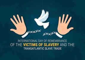 internazionale giorno di ricordo di il vittime di schiavitù e transatlantico schiavo commercio mano disegnato illustrazione con rotto manette su mano design vettore