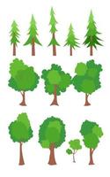 verde alberi piatto vettore illustrazione. pino, abete albero, quercia, acero. bellissimo verde le foglie isolato su bianca. naturale foresta pianta per paesaggio. ecologia giardino modello. primavera stagione alberi.