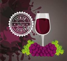 poster di vino con bicchiere pieno e uva vettore