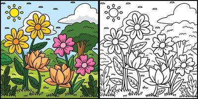 primavera fiori nel un' campo colorazione illustrazione vettore