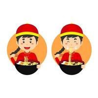 ragazzo carino abbigliamento tradizionale cinese mangiare ciotola ramen noodle vettore