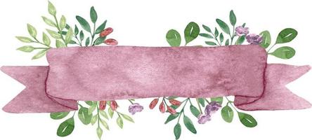 acquerello rosa lanciato nastri con fiori. rosa astratto nastri banner verde le foglie. vettore