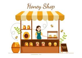 miele negozio con un' naturale utile Prodotto barattolo, ape o favi per essere consumato su piatto cartone animato mano disegnato modelli illustrazione vettore