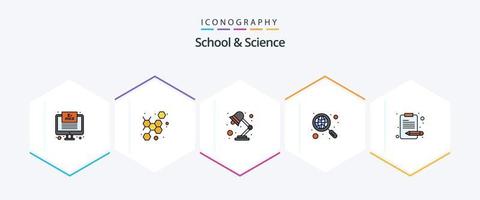 scuola e scienza 25 riga piena icona imballare Compreso contenuto. ricerca. lampada. globale ricerca. scoprire vettore