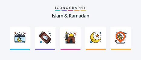 Islam e Ramadan linea pieno 5 icona imballare Compreso musulmano. Islam. kaaba. lanterna. cultura. creativo icone design vettore