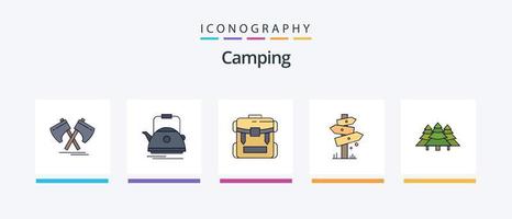 campeggio linea pieno 5 icona imballare Compreso giungla. foresta. GPS. etichetta. campeggio. creativo icone design vettore