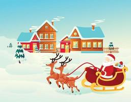 allegro Natale e contento nuovo anno saluto carta design con Santa Claus su slitta accogliente inverno illustrazione vettore