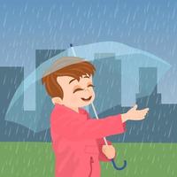 ragazzo con l'ombrello sotto la pioggia vettore