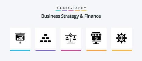 attività commerciale strategia e finanza glifo 5 icona imballare Compreso negozio . scala. oro . legge . equilibrio. creativo icone design vettore