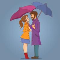 coppia con ombrelloni in serata piovosa