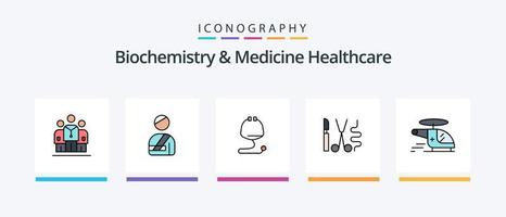 biochimica e medicina assistenza sanitaria linea pieno 5 icona imballare Compreso ospedale . siringa. medico . medico. sangue. creativo icone design vettore