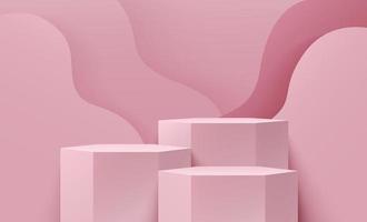 display esagonale astratto per prodotto sul sito Web in moderno. rendering di sfondo con podio e scena della parete di struttura curva rosa chiaro minimo, disegno di forma geometrica rendering 3d pastello. vettore eps10