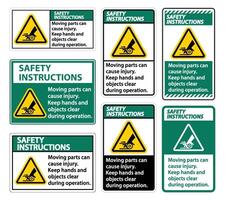 istruzioni di sicurezza parti in movimento possono causare segni di lesioni su sfondo bianco vettore