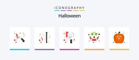 Halloween piatto 5 icona imballare Compreso zucca. viso. sanguinoso coltello. sorridente. viso. creativo icone design vettore