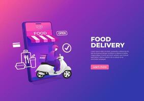 servizio di consegna cibo in scooter sul banner del telefono cellulare. ordinare cibo online su uno smartphone. vettore