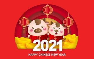 capodanno cinese 2021 anno del biglietto di auguri bue con un bue carino vettore