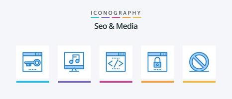 SEO e media blu 5 icona imballare Compreso sicurezza. ottimizzazione. video. media. seo. creativo icone design vettore