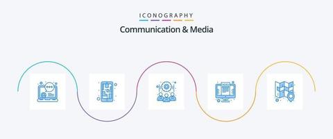 comunicazione e media blu 5 icona imballare Compreso Posizione. schermo. Ingranaggio. notizia. computer vettore