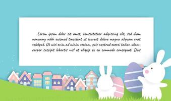 carta del giorno di Pasqua e sfondo con conigli carini e uova di Pasqua. vettore