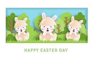 carta del giorno di Pasqua con conigli carini e uova di Pasqua. vettore