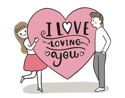 mano disegnare cartone animato carino San Valentino, coppia e vettore di grandi cuori.