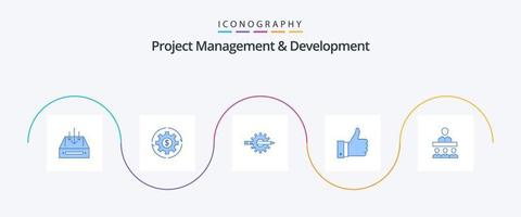 progetto gestione e sviluppo blu 5 icona imballare Compreso Ingranaggio. design. guadagni. scrivere. profitto vettore